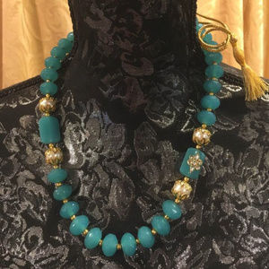 Gold Cord Necklace with Turquoise & Pearl Beads